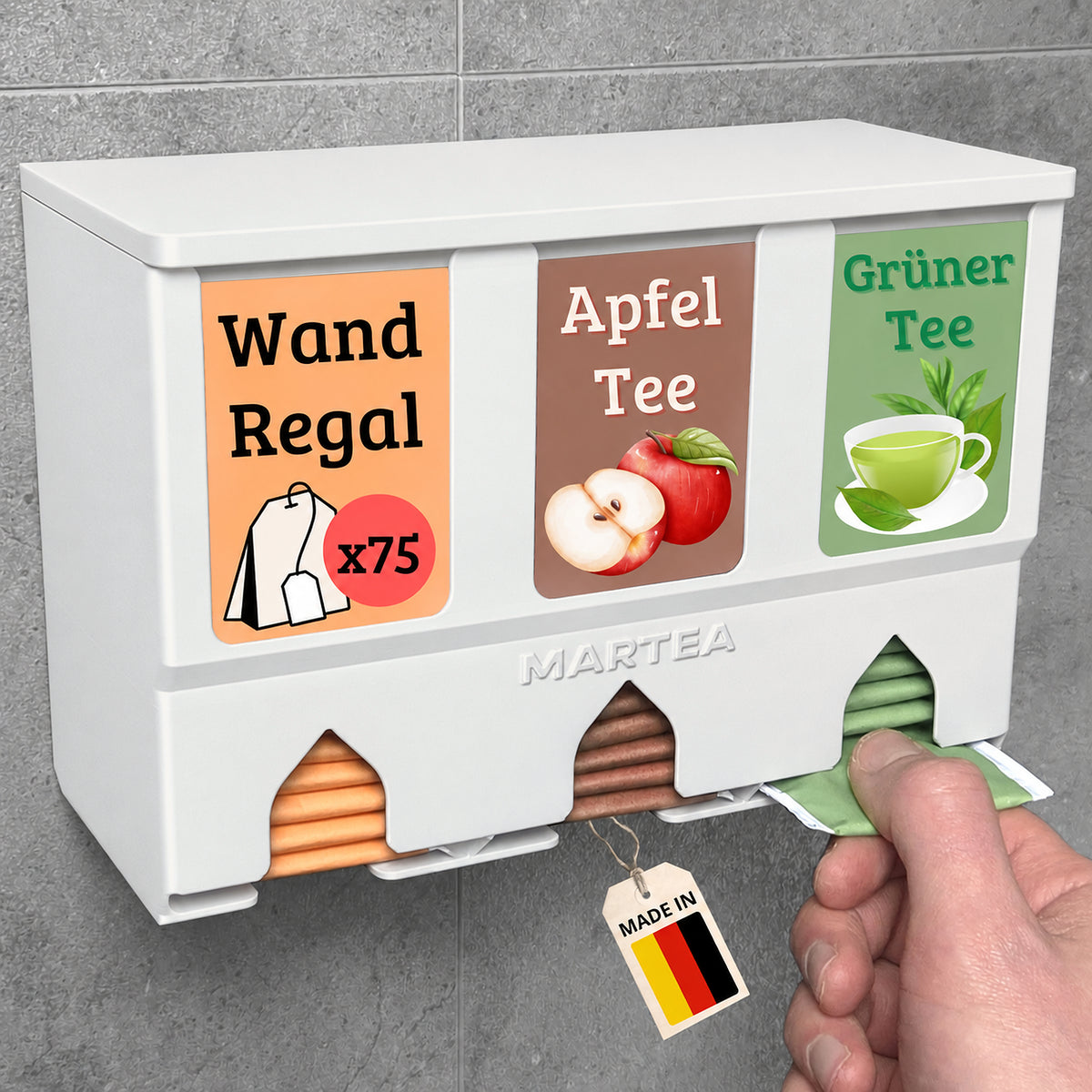 tee_spender_weiss_fuer_die_Wand_ankleben_Teebox_hochkant_senkrecht_zum_herausziehen