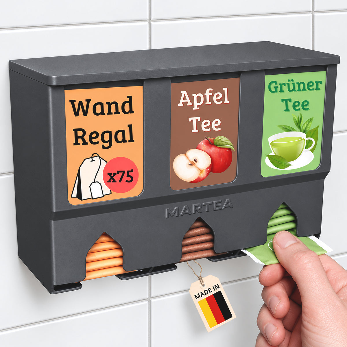 teebeutelspender_grau_Wandmontage_ankleben_Gastro_Hotel_Organizer_hochkant_senkrecht_zum_herausziehen
