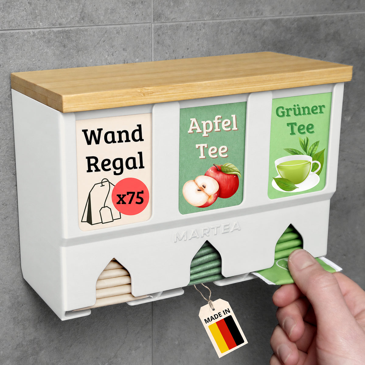 teebeutelspender_weiss_fuer_die_Wand_ankleben_Teehalter_Organizer_hochkant_senkrecht_zum_herausziehen